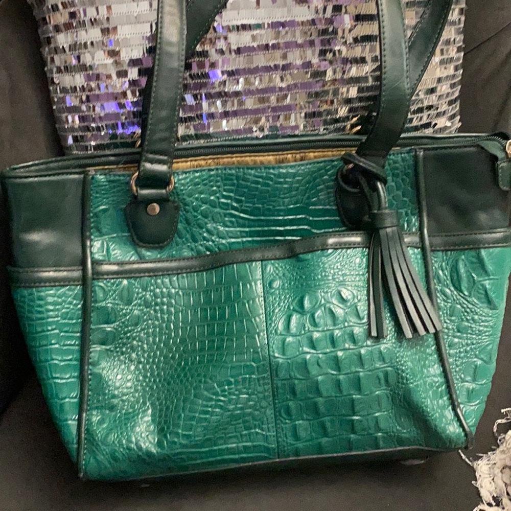 Green leather crocodile embossed handbag